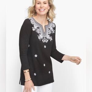 TALBOTS Womens Floral Embroidered Split V-Neck 3/4 Sleeve Slub Tunic Top Sz Sp